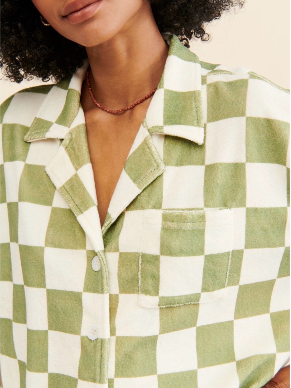 Olive & Cream Terry Oversized Checkered Button-Down Shirt
